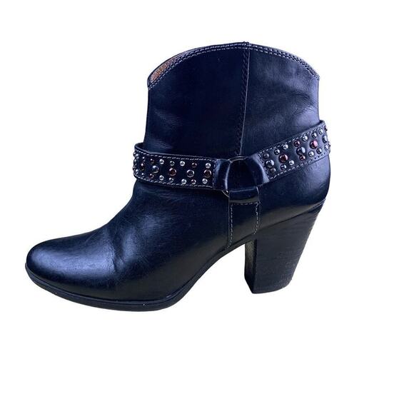 Sofft Noreen Black Leather Studded Harness Heeled Ankle Cowboy Boot - Size 7.5 - Picture 1 of 11